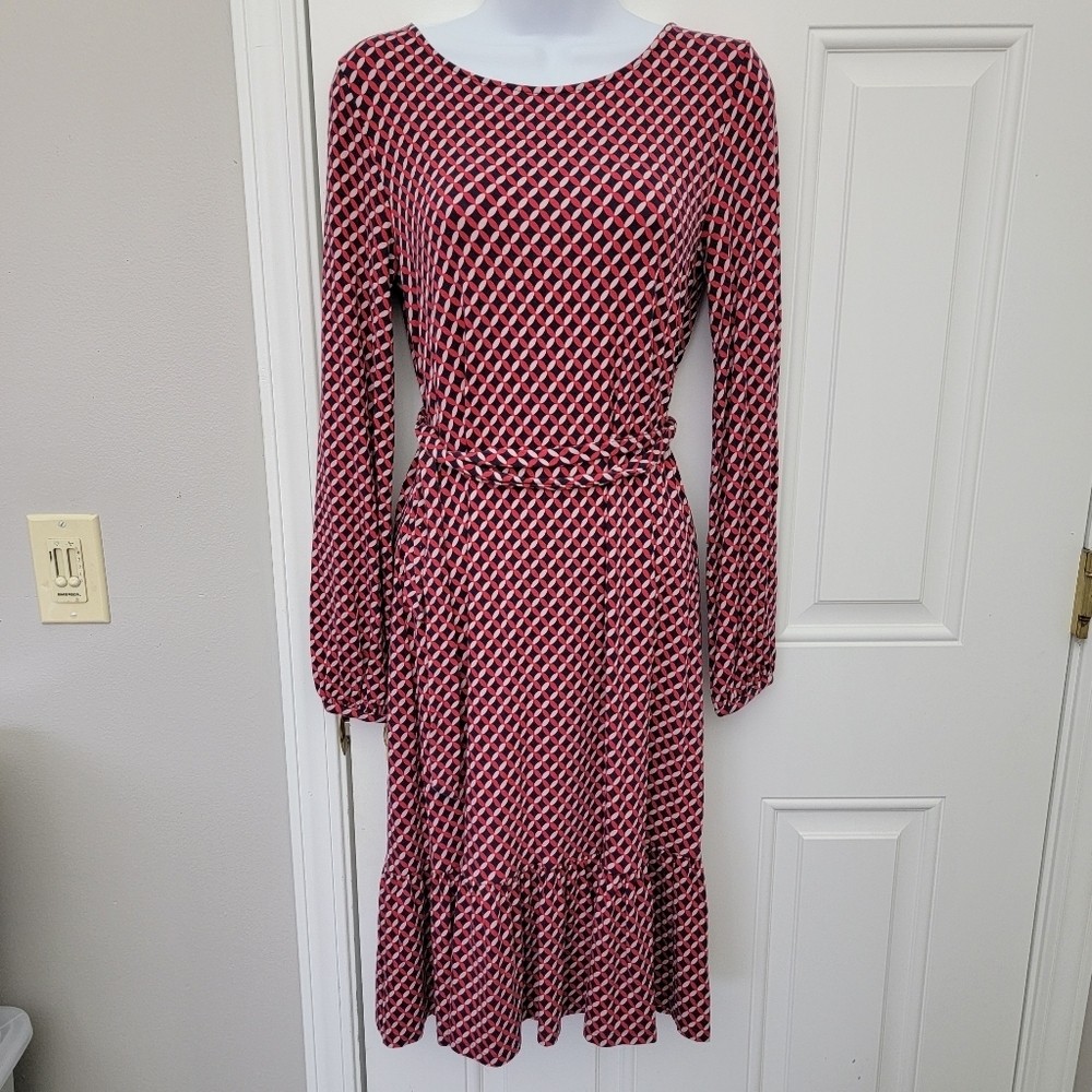 Boden Holly Jersey Knit Dress Belted Red Black Geometric Print Size 4 R